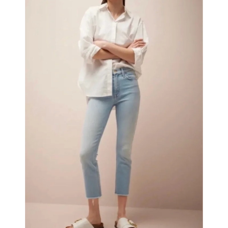 Mother The Mid Rise Dazzler Crop Fray Hem Jeans Sun Kissed Light Wash Blue 25