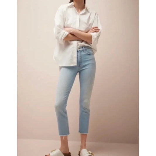 Mother The Mid Rise Dazzler Crop Fray Hem Jeans Sun Kissed Light Wash Blue 25