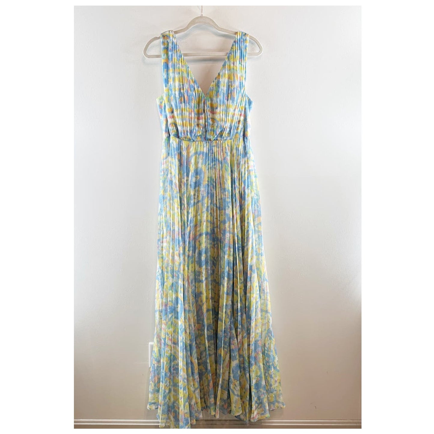 Laundry By Shelli Segal Pleated Knee High Slit Tie Dye Maxi Dress Blue Yellow 6