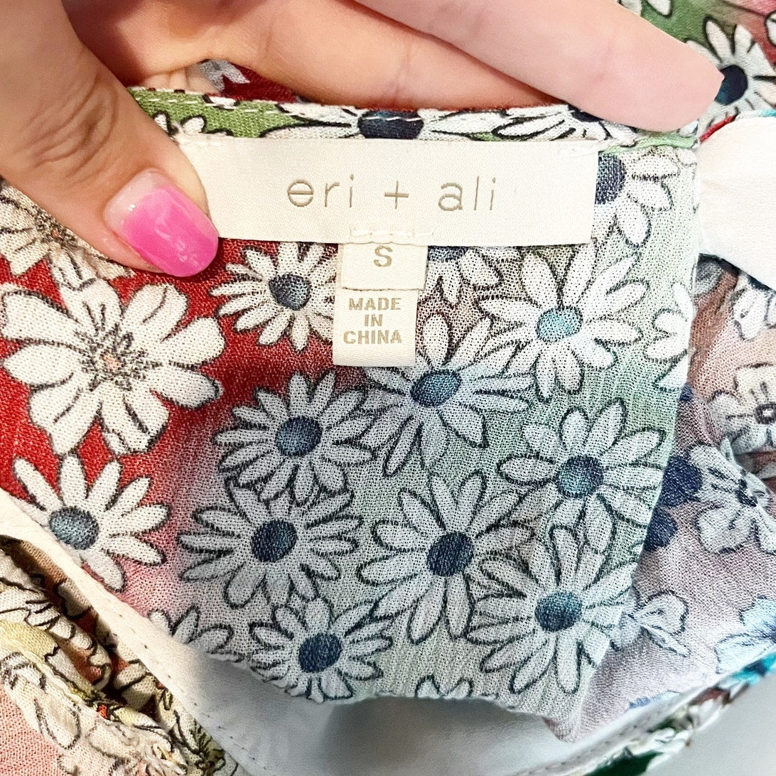 Eri + Ali Anthropologie Short Sleeve Floral V Neck Ruffle Blouse Top Green Pink