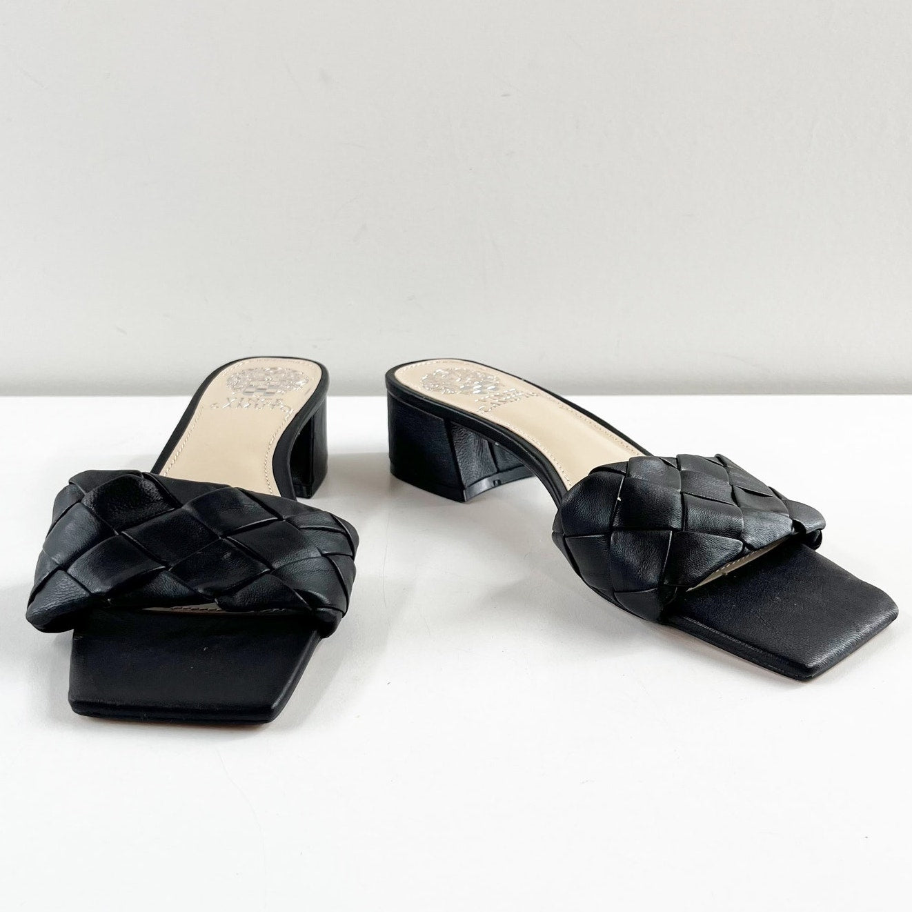 Vince Camuto Semtera Woven Kitten Block Heel Square Toe Slide Sandals Black 6.5