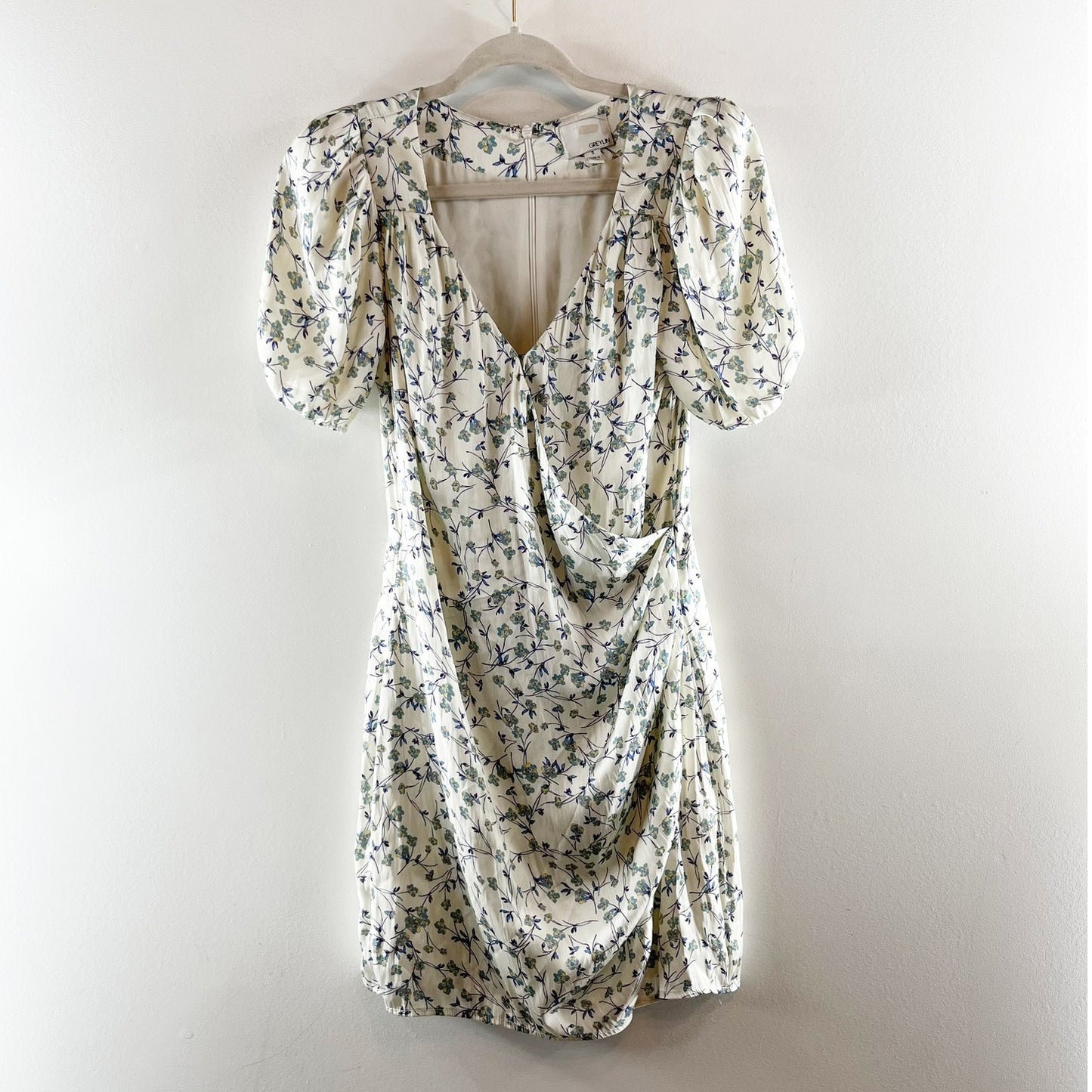 Greylin Gabi Puff Sleeve Floral V Neck Mini Dress White Blue Green Small