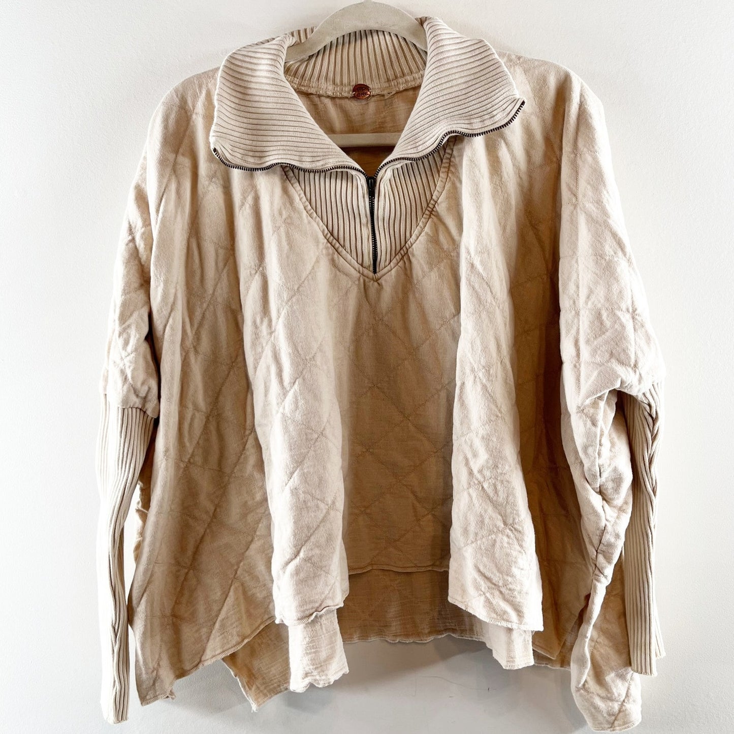 Free People Shiloh Quilted Long Sleeve Swing Sweatshirt Tan Beige Medium