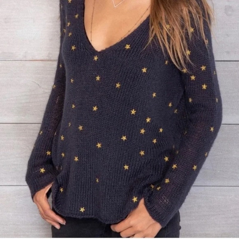 Wooden Ships Falling Star Long Sleeve Hi-Low Hem Knit Pullover Sweater Navy XS