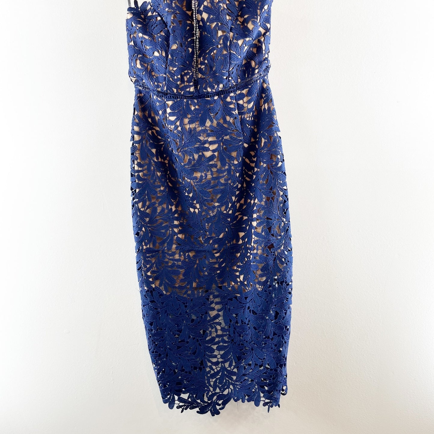 Lulus Divine Destiny Halter High Neck Lined Lace Midi Dress Navy Blue Medium