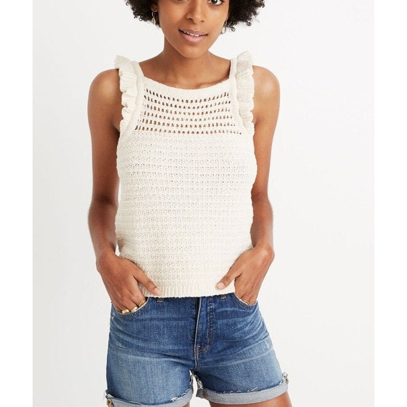 Madewell Sleeeveless Ruffled Strap Crochet Sweater Tank Top Marled Vanilla XL