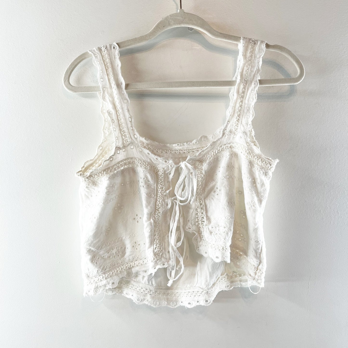 Abercrombie & Fitch Linen-Blend Eyelet Tie-Back Square Neck Crop Top White Small
