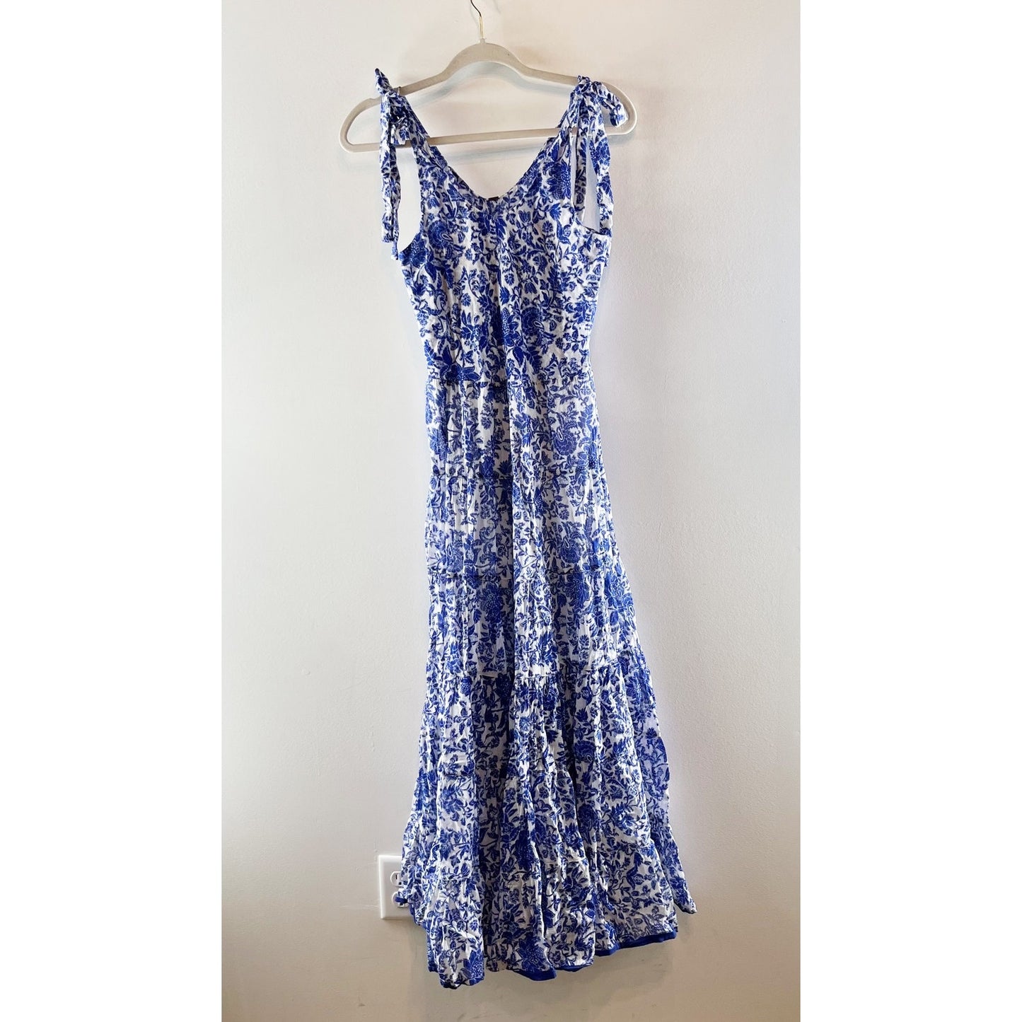 Free People Kikas Tie Shoulder V Neck Flowy Cotton Maxi Dress Blue Small