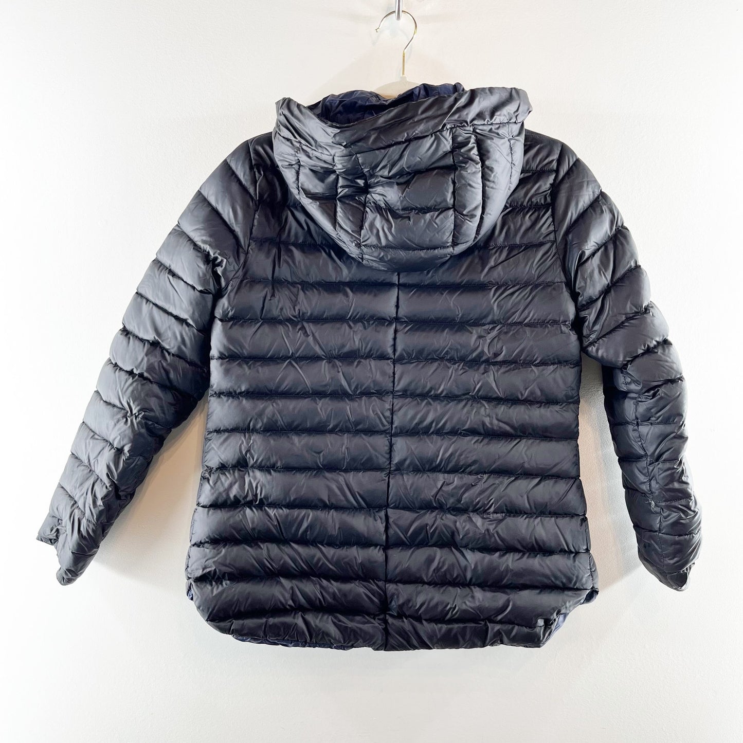 Athleta Pulse Reversible Down Puffer Jacket Coat Black Blue Small