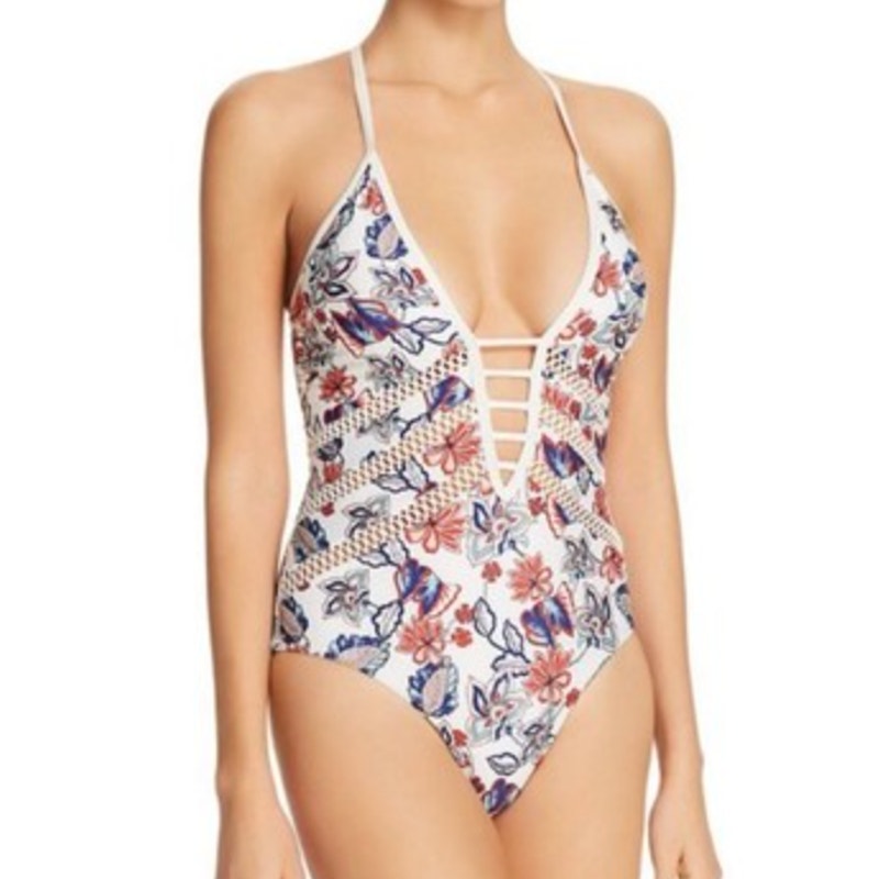 Ella Moss Folktale One Piece Plunge Tie Back Floral Swimsuit White Large