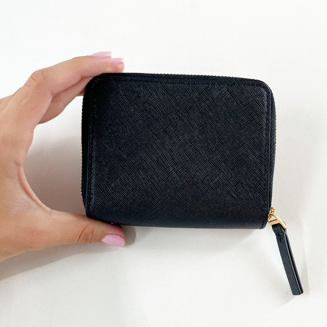 Tory Burch Emerson Saffiano Leather Mini Folded Wallet Black Gold