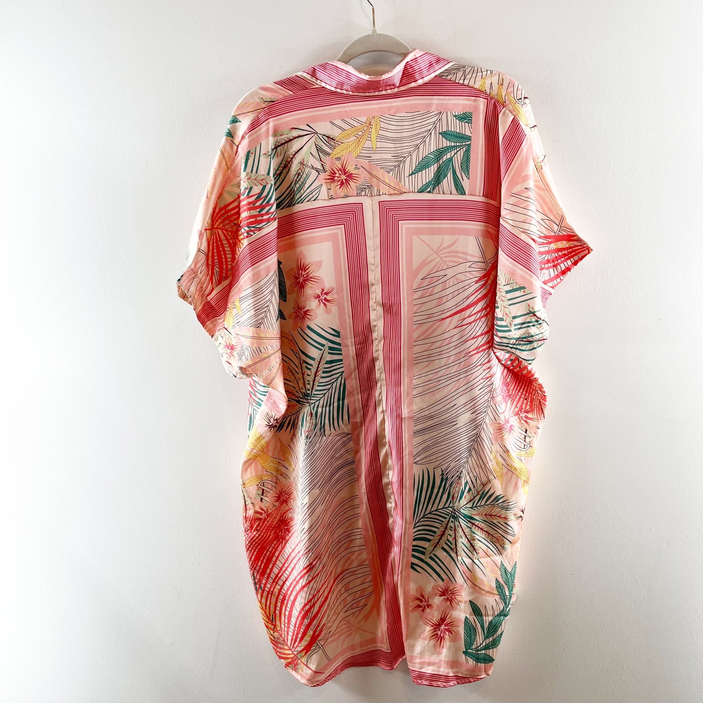 Free People Short Sleeve Button Up Tropical Tunic Blouse Pink One Size