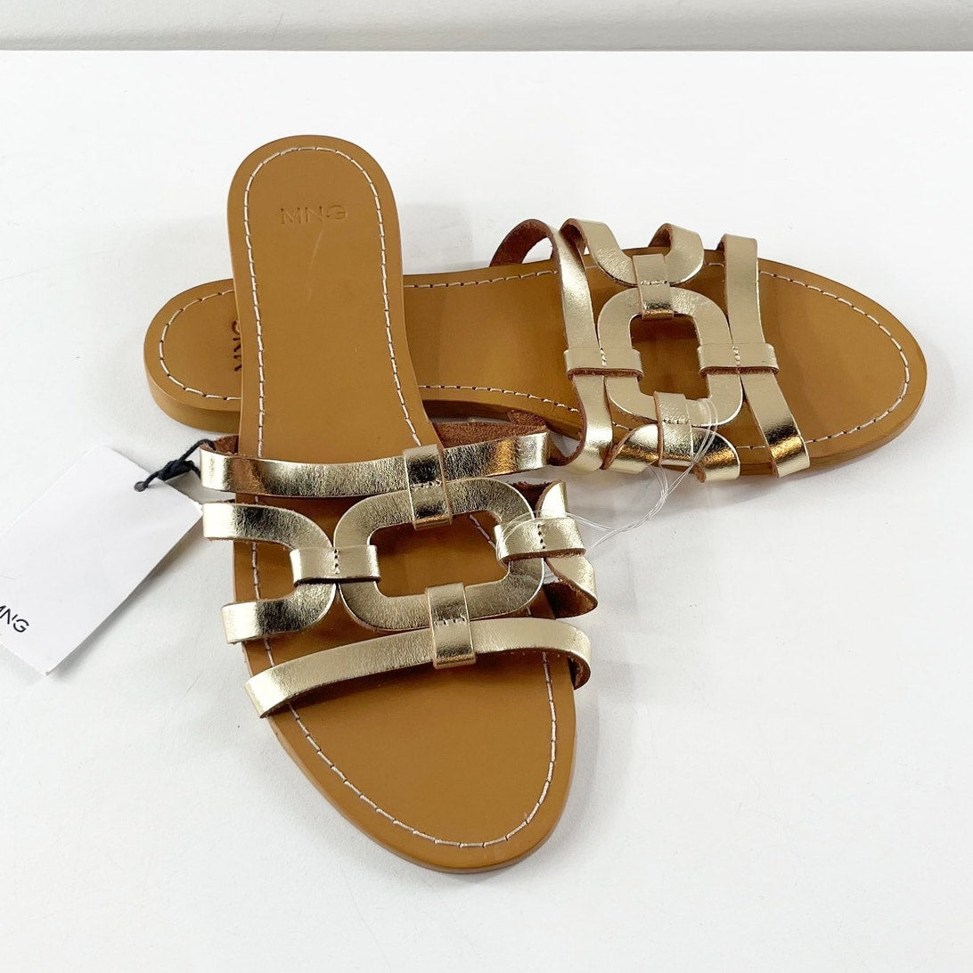 MANGO Leather Straps Slip On Flat Slide Sandals Metallic Gold 39 / 8.5