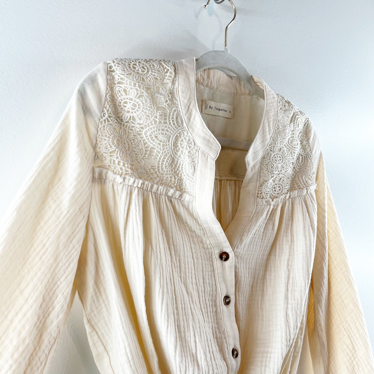 By Together Long Sleeve Gauzy Cotton Button Up Crochet Top Cream Small