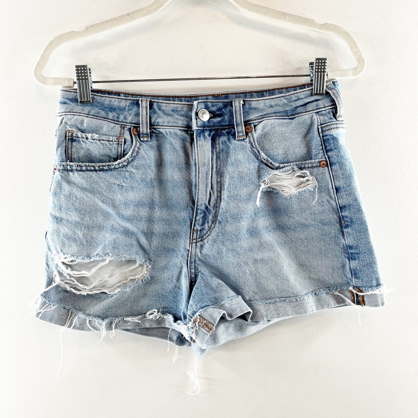 American Eagle High Rise Distressed Cutoff Mom Shorts Blue 6