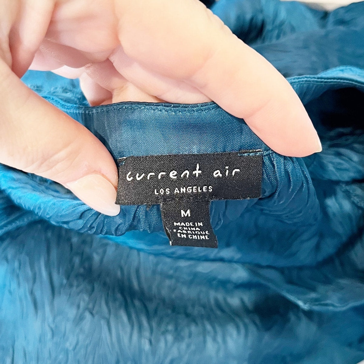 Current Air Long Sleeve Smocked Waist V Neck Satin Mini Dress Teal Medium