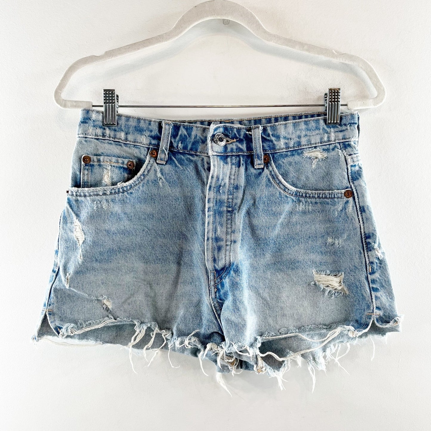 ZARA Distressed Cutoff Button Fly High Rise Denim Jean Shorts Blue 6