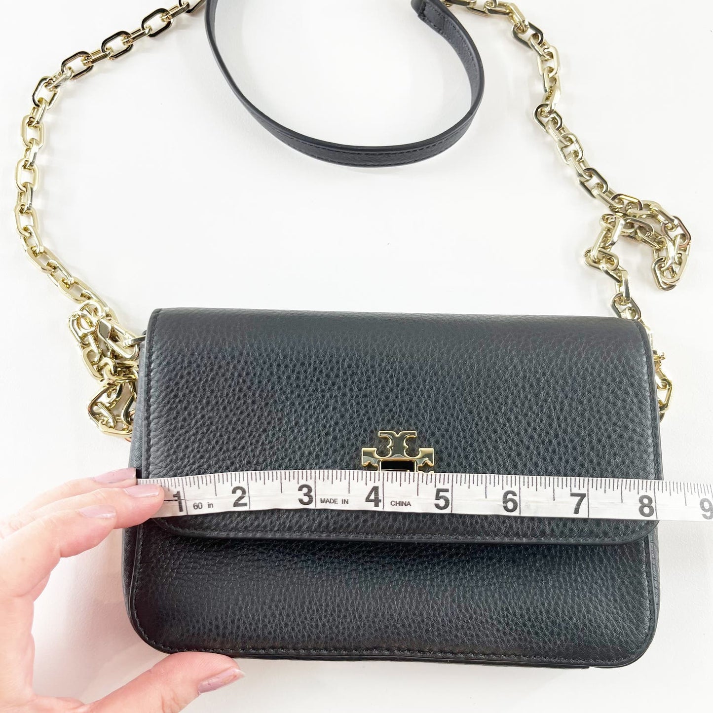 Tory Burch Mercer Pebbled Leather Chain Crossbody Wallet Black Gold