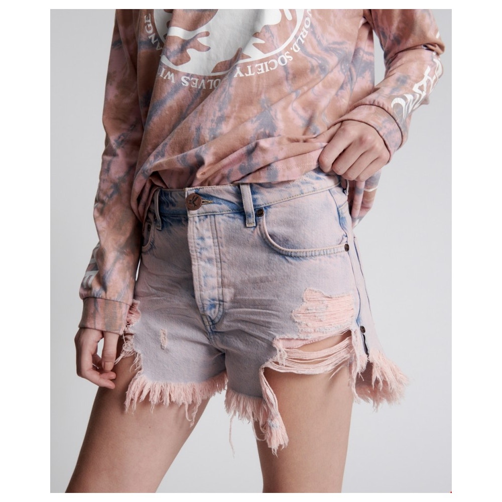 OneTeaspoon Pink Haze Outlaws Distressed Denim Jean Shorts Blue Pink 25