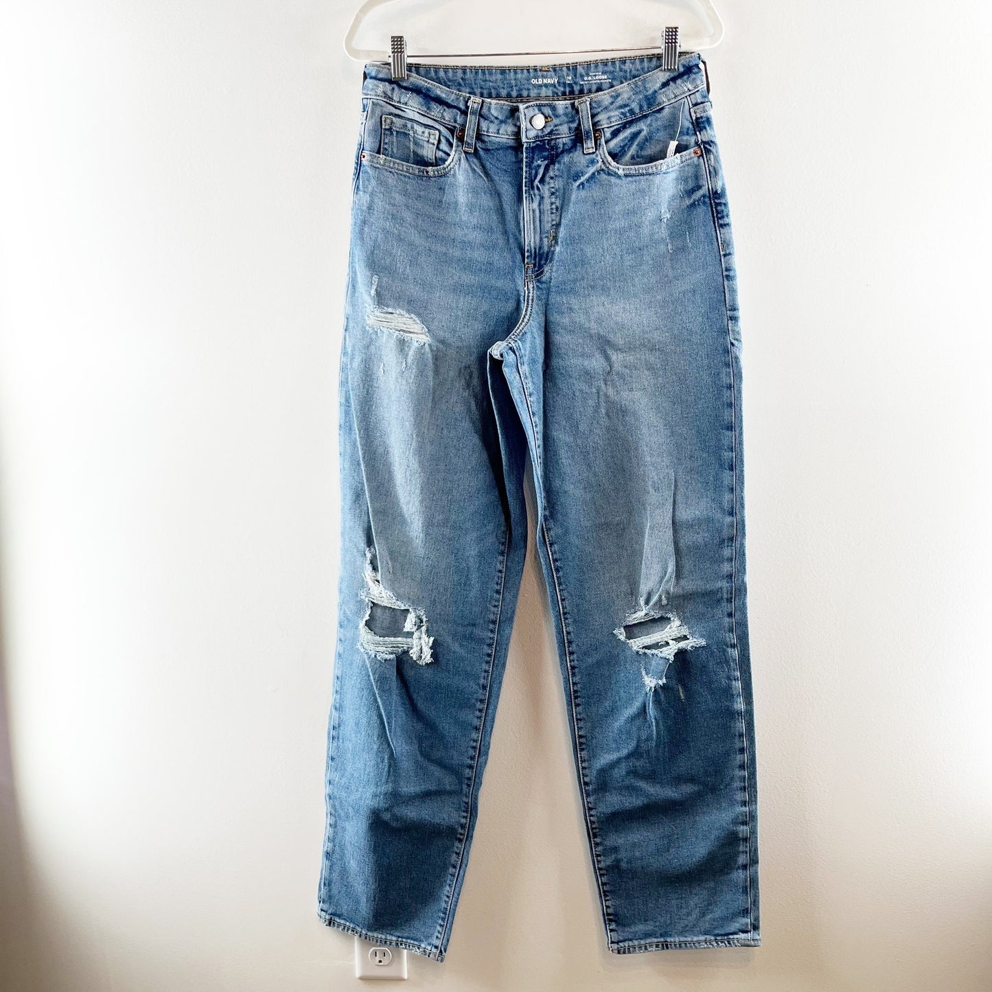 Old Navy High Rise Loose OG Secret Smooth Pockets Ripped Jeans Blue 10 Tall