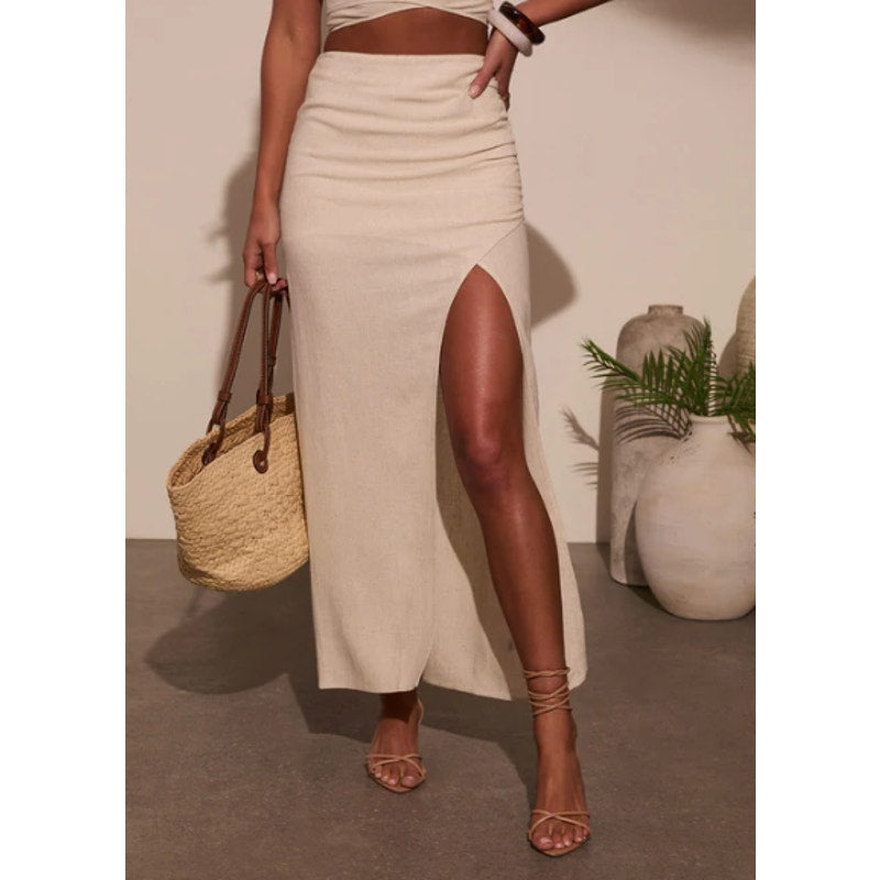 VICI Emiliana Wrap Linen Slit Maxi Skirt Tan Beige Medium