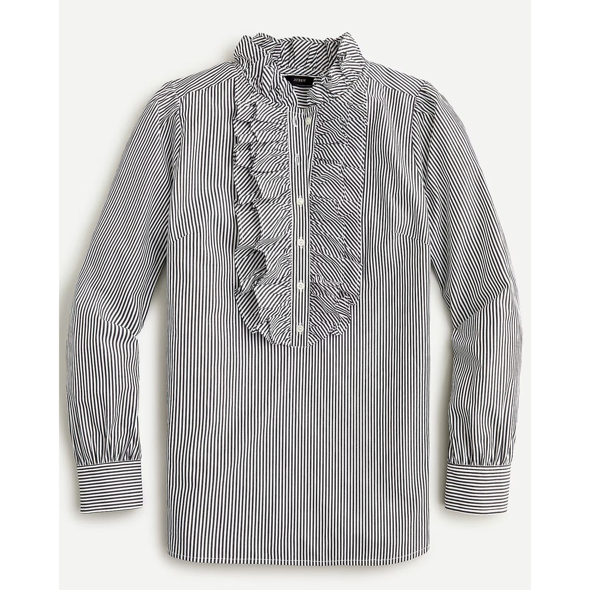 J. Crew Striped Long Sleeve Ruffle-Front Classic-Fit Boy Shirt Black White 2X