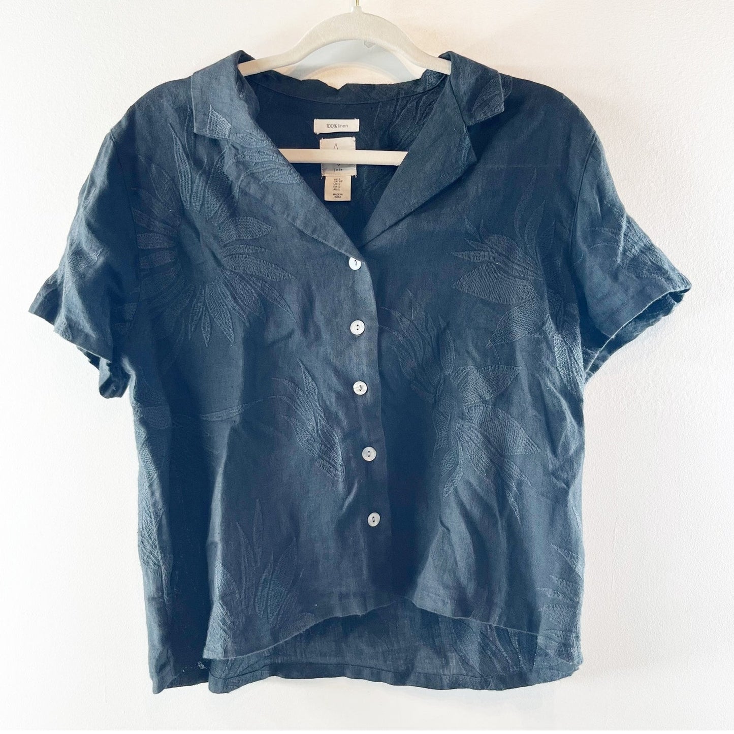 Joie 100% Linen Boxy Short Sleeve Button Down Shirt Black Small