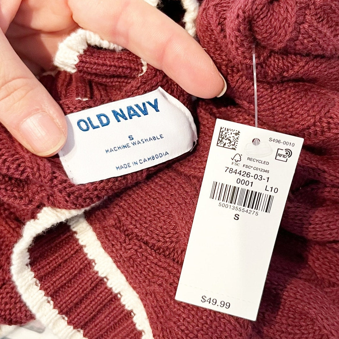 Old Navy Slouchy Cable Knit Cardigan Sweater V Neck Long Sleeve Maroon Red Small