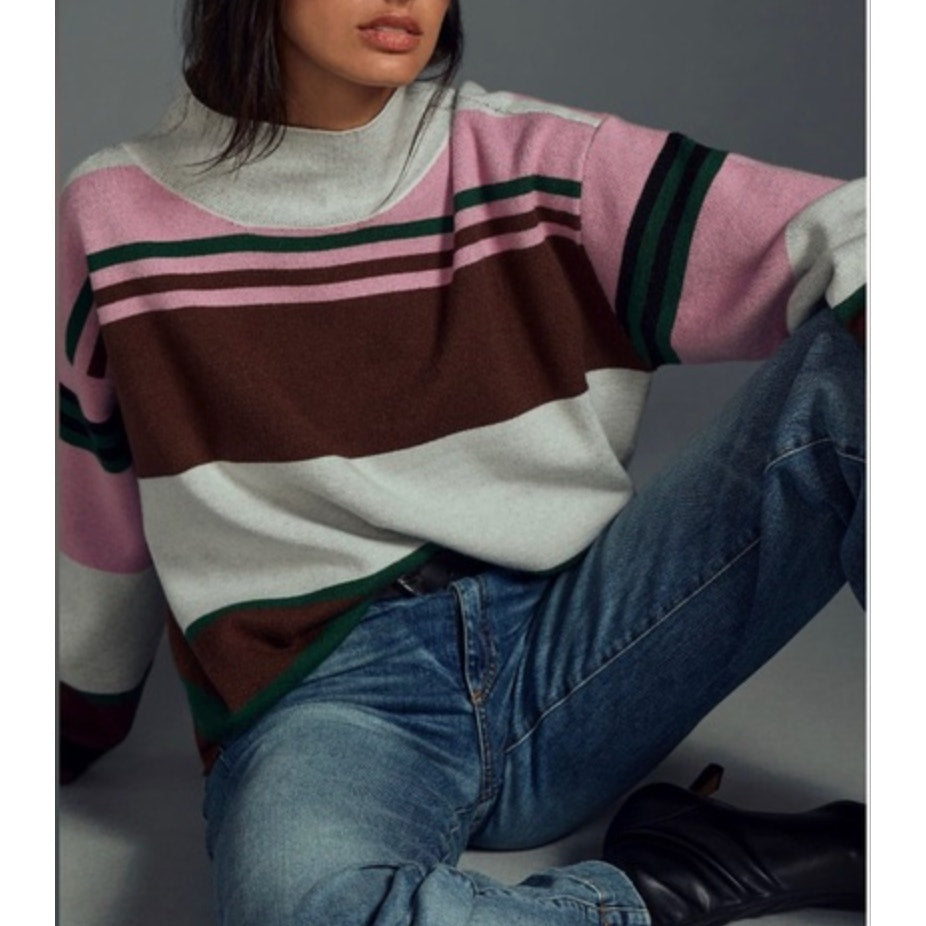 Maeve Anthropologie Striped Mockneck Long Sleeve Sweater Gray Pink XS