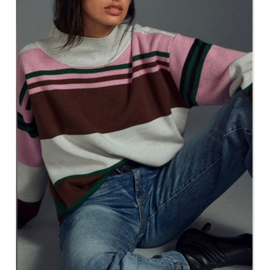 Maeve Anthropologie Striped Mockneck Long Sleeve Sweater Gray Pink XS