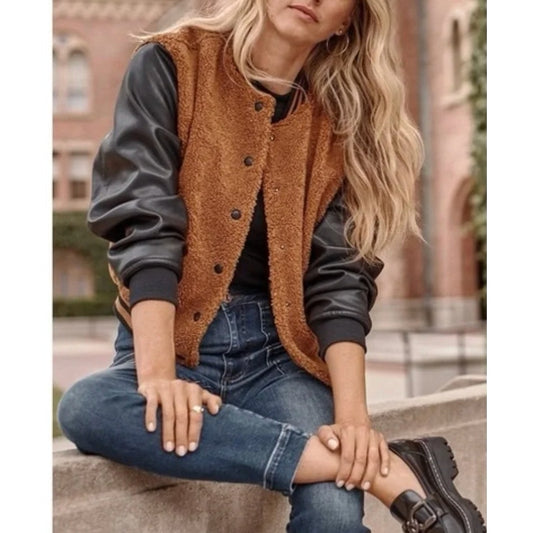 Blank NYC Sherpa Varsity Bomber Jacket Black Brown Cinnamon Spice Small