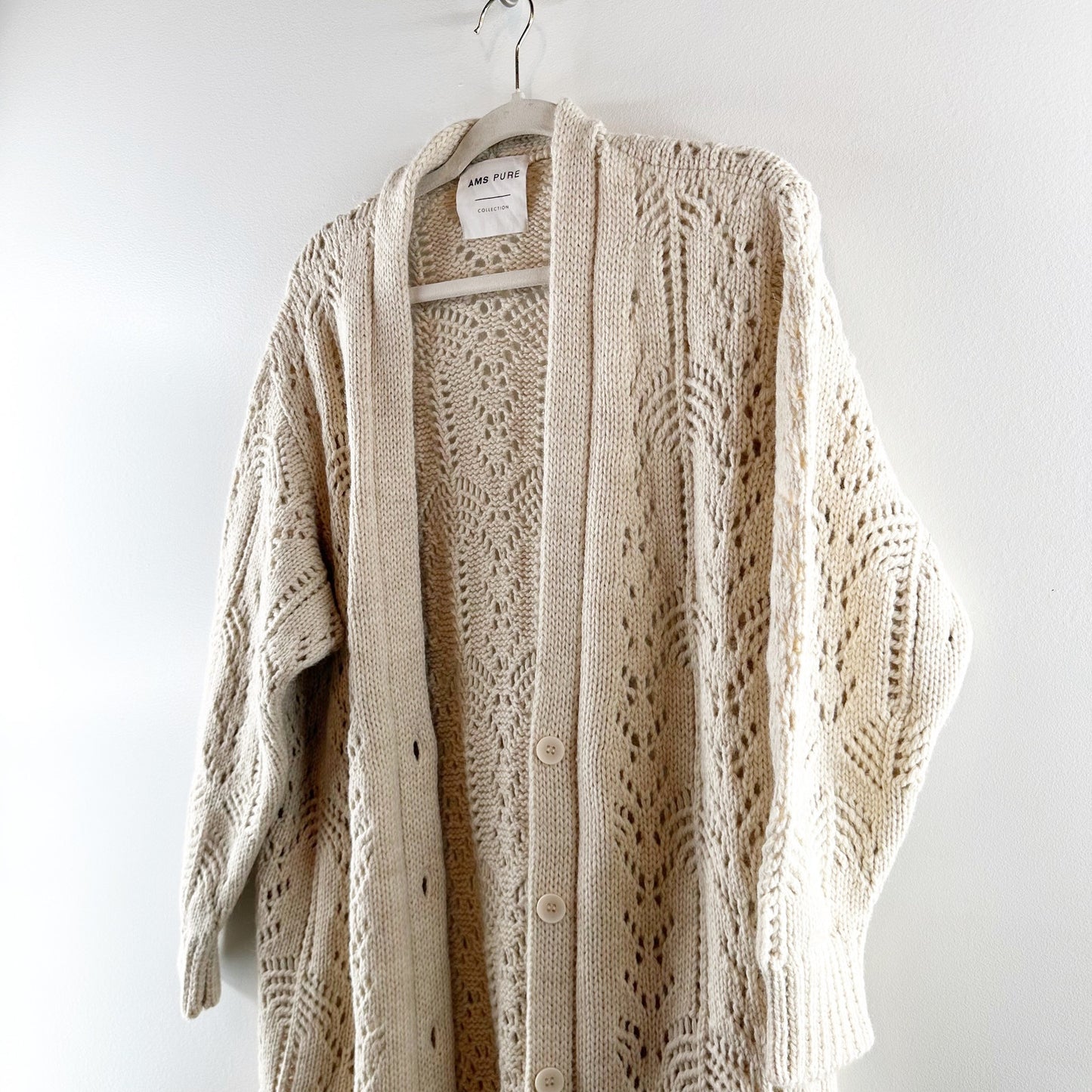 AMS Pure Longline Duster Pointelle Knit Button Up Cardigan Sweater Beige Medium