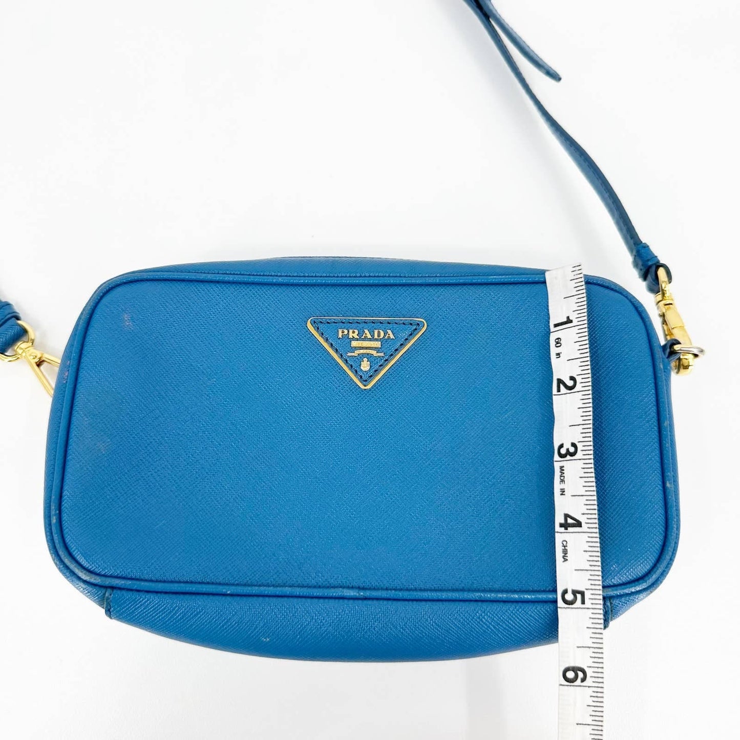 Prada Saffiano Pebbled Leather Small Camera Bag Crossbody Purse Blue