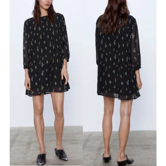 Zara Cactus Print 3/4 Sleeve Crew Neck Plisse Pleated Mini Dress Black Small
