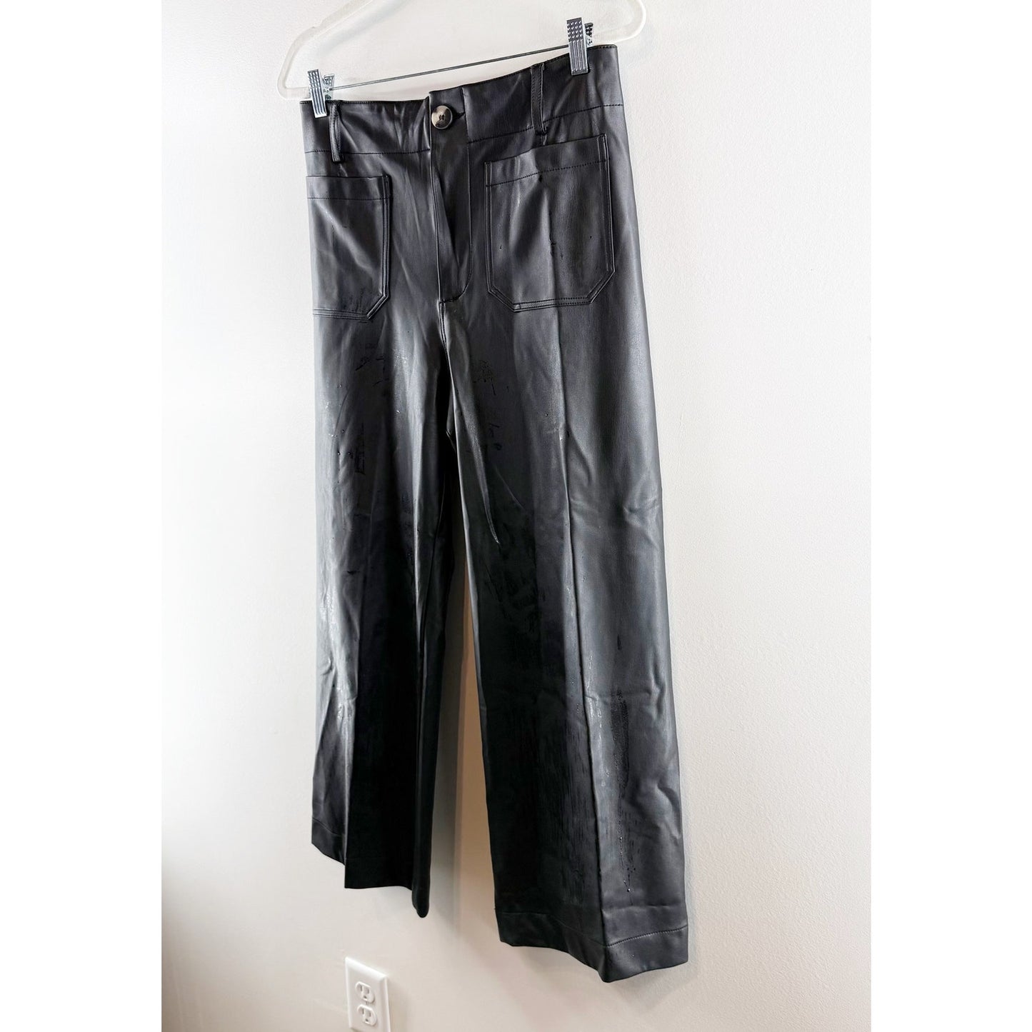 Maeve Anthropologie Colette Cropped Wide-Leg Faux Leather Pants Black 29