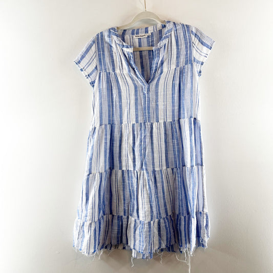 Roller Rabbit Short Sleeve Tiered Striped Mini Tunic Dress Sundress Blue White