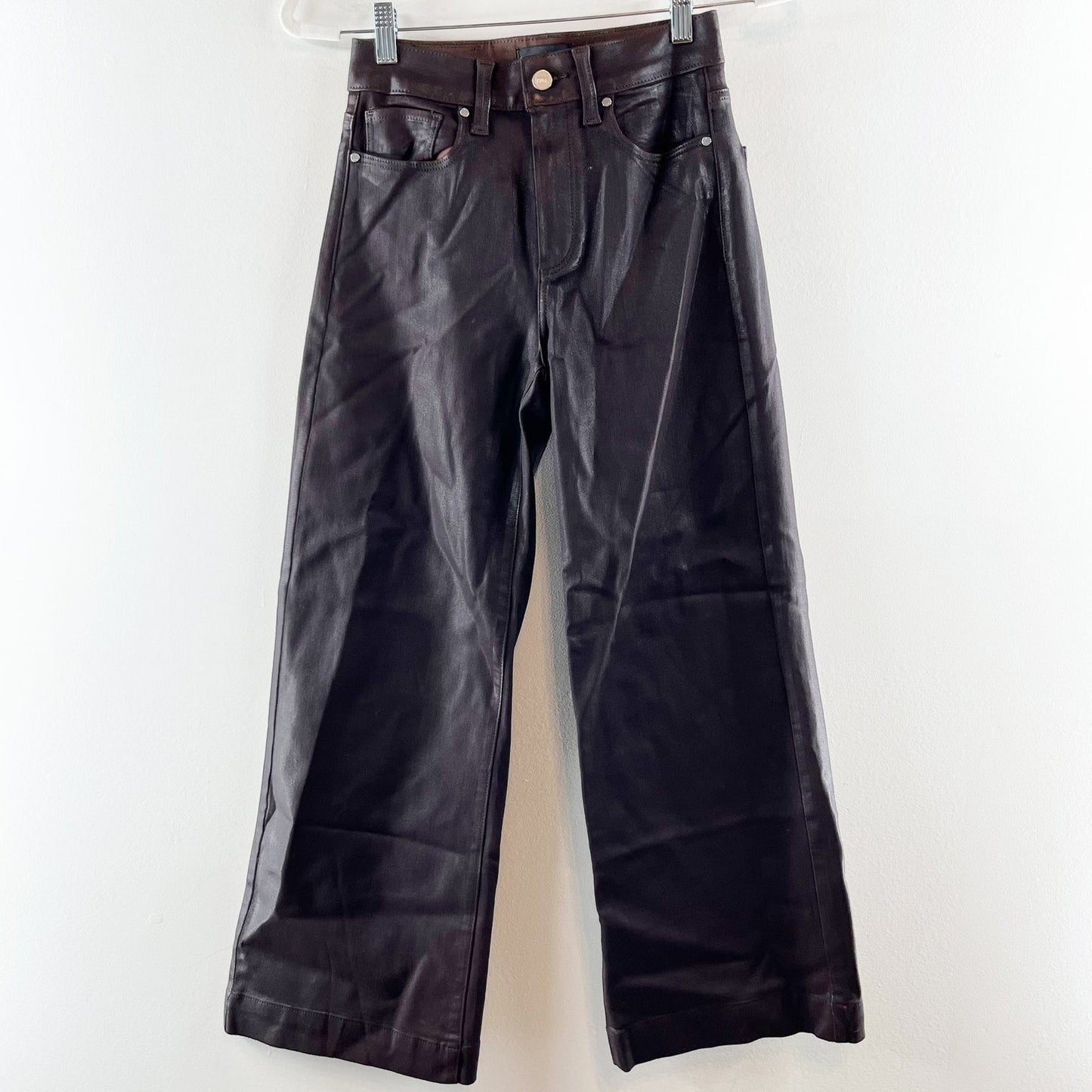 Paige Anessa High Rise Wide Leg Coated Cropped Pants Chocolate Brown 24