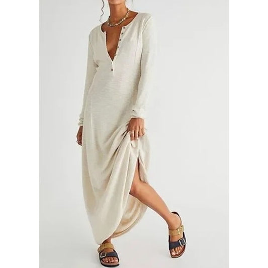 Free People Beach Long Sleeve El Topo Sweater Henley Maxi Dress Cream Small