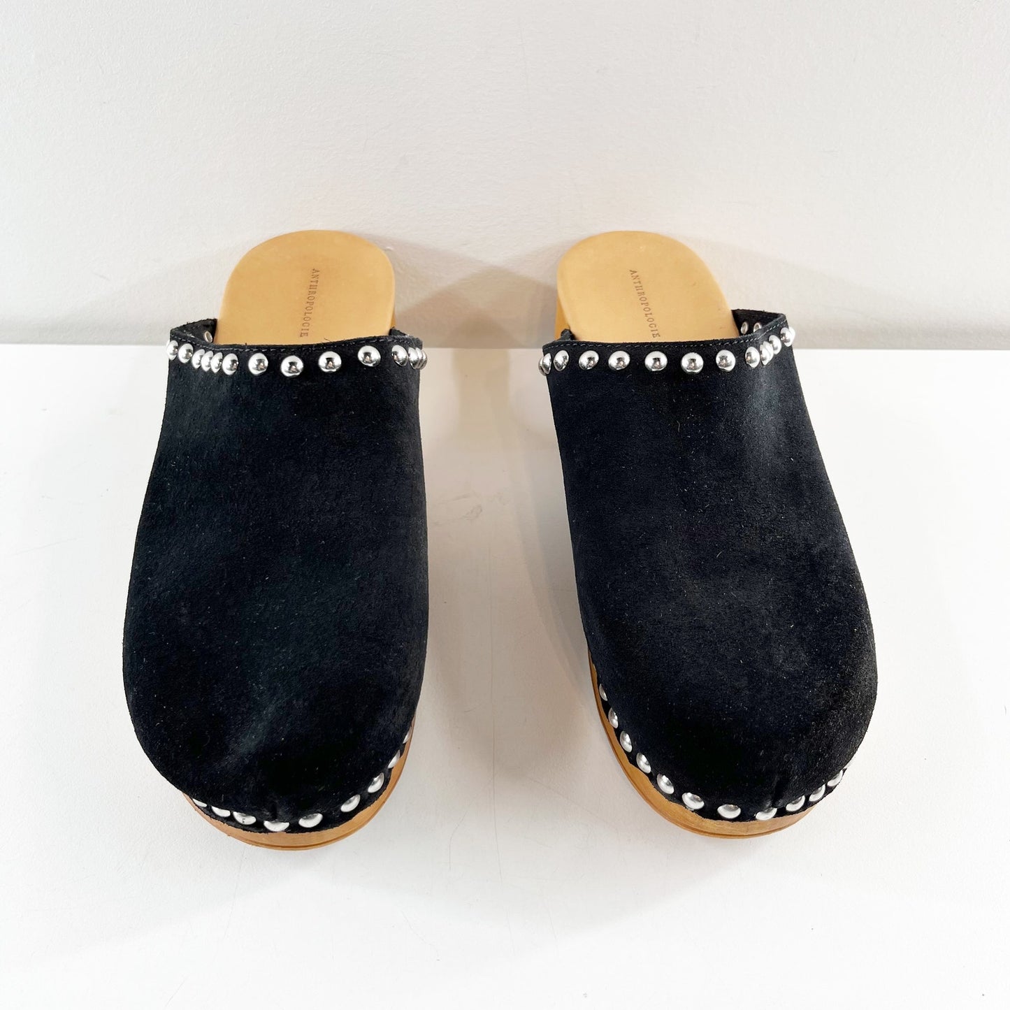 Anthropologie Studded Trim Wood Bottom Clogs Black 40 / US 9.5 / 10