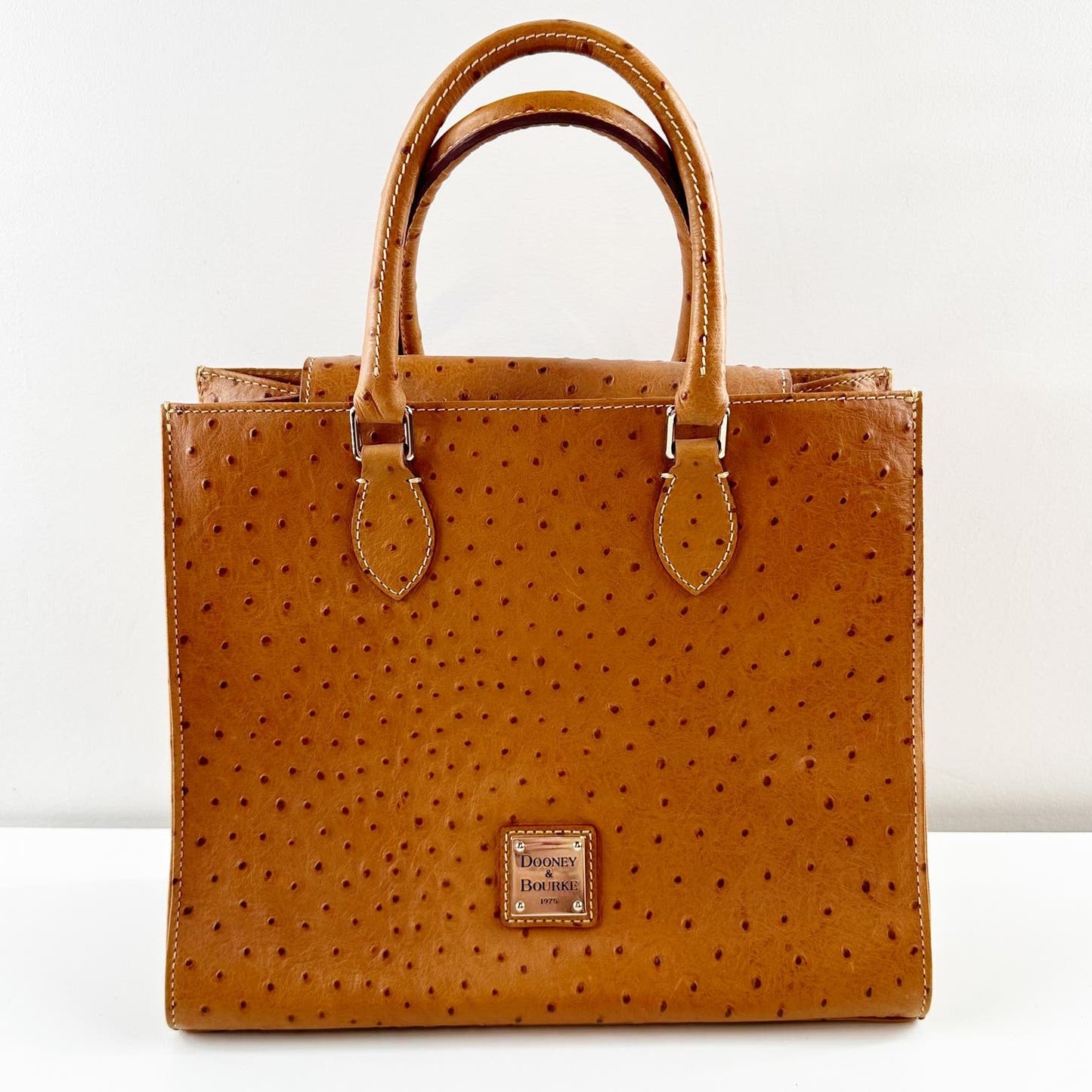 Dooney & Bourke Ostrich Square Shopper Barlow Tote Bag Purse Brown Leather