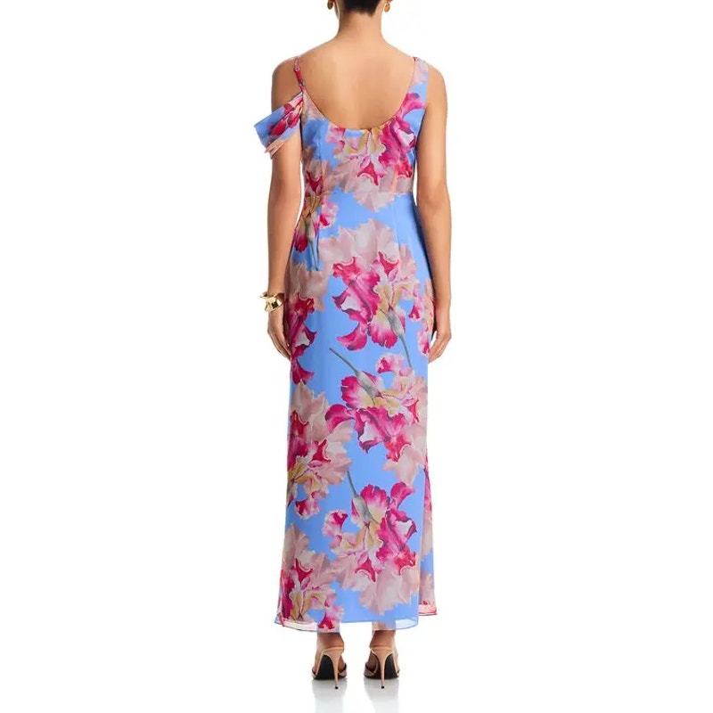 Aqua Floral Satin Burnout Sleeveless V-Neck Maxi Dress Blue Multi Large