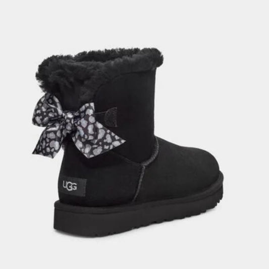UGG Mini Bailey Sherpa Ankle Boots Leopard Bow Tie Back Black 8