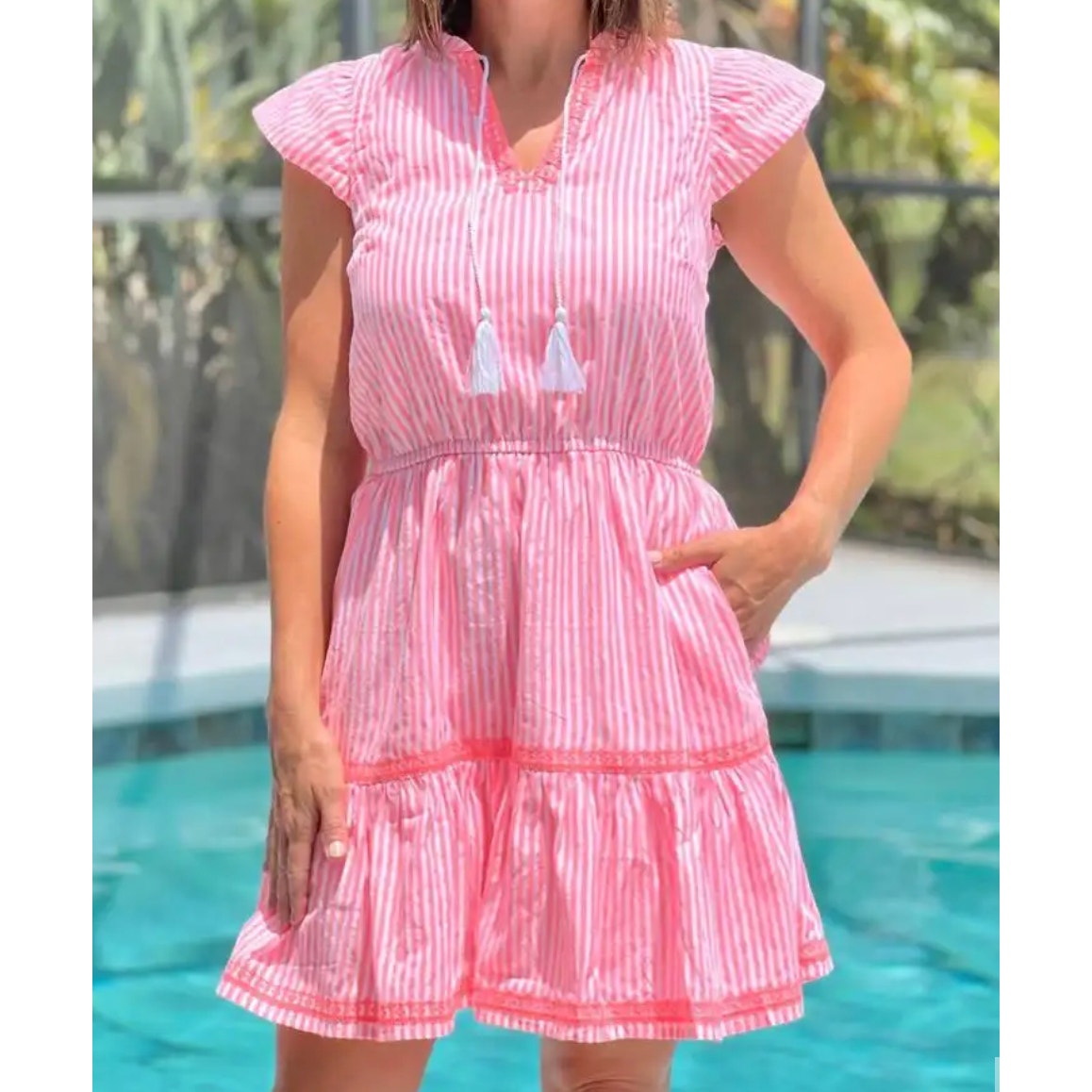 Hatley The Layla Flutter Sleeve Striped Tiered Mini Dress Pink Medium