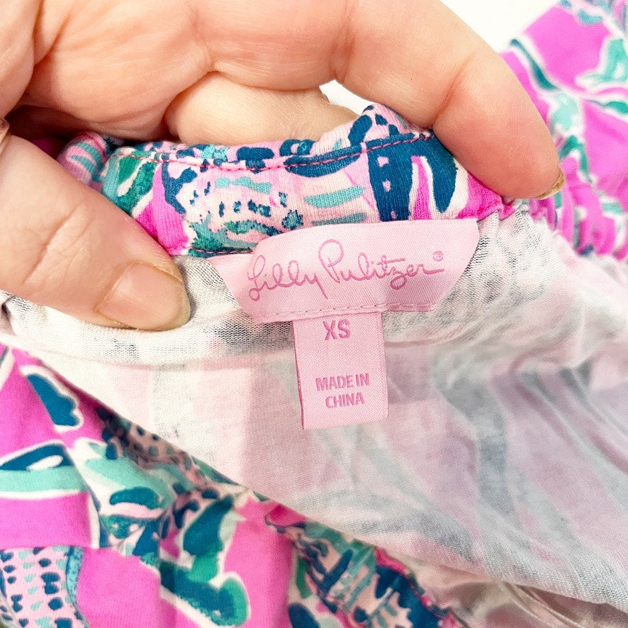 Lilly Pulitzer Anja Tropical Strapless Short Romper Vibrant Pink Turquoise XS