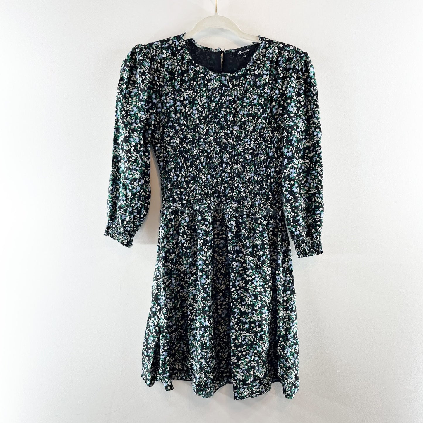 Madewell 3/4 Sleeve Smocked Floral Mini Dress Ditsy Black Green 4