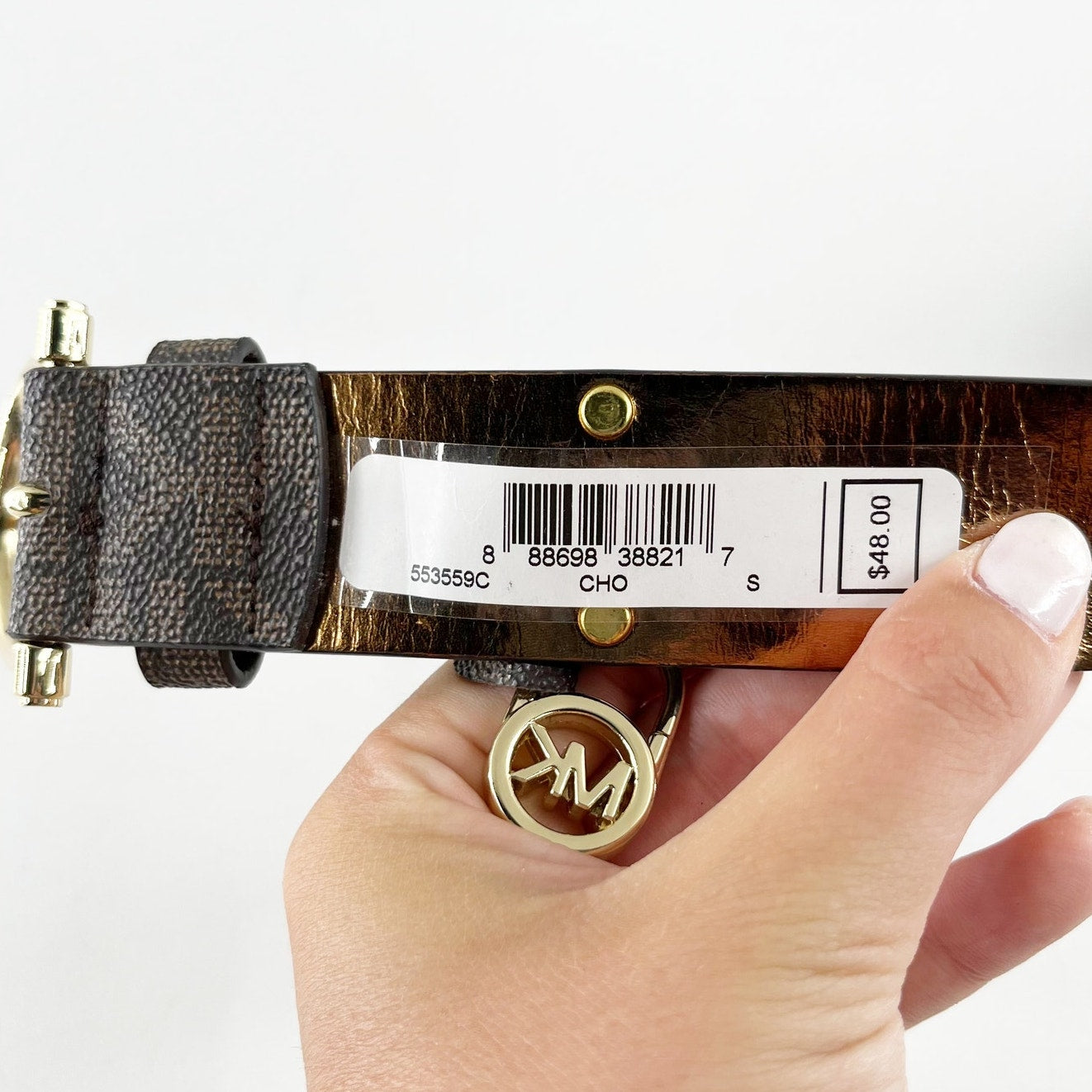 Michael Mickael Kors MK Monogram Gold Buckle Wide Belt Chocolate Brown Small