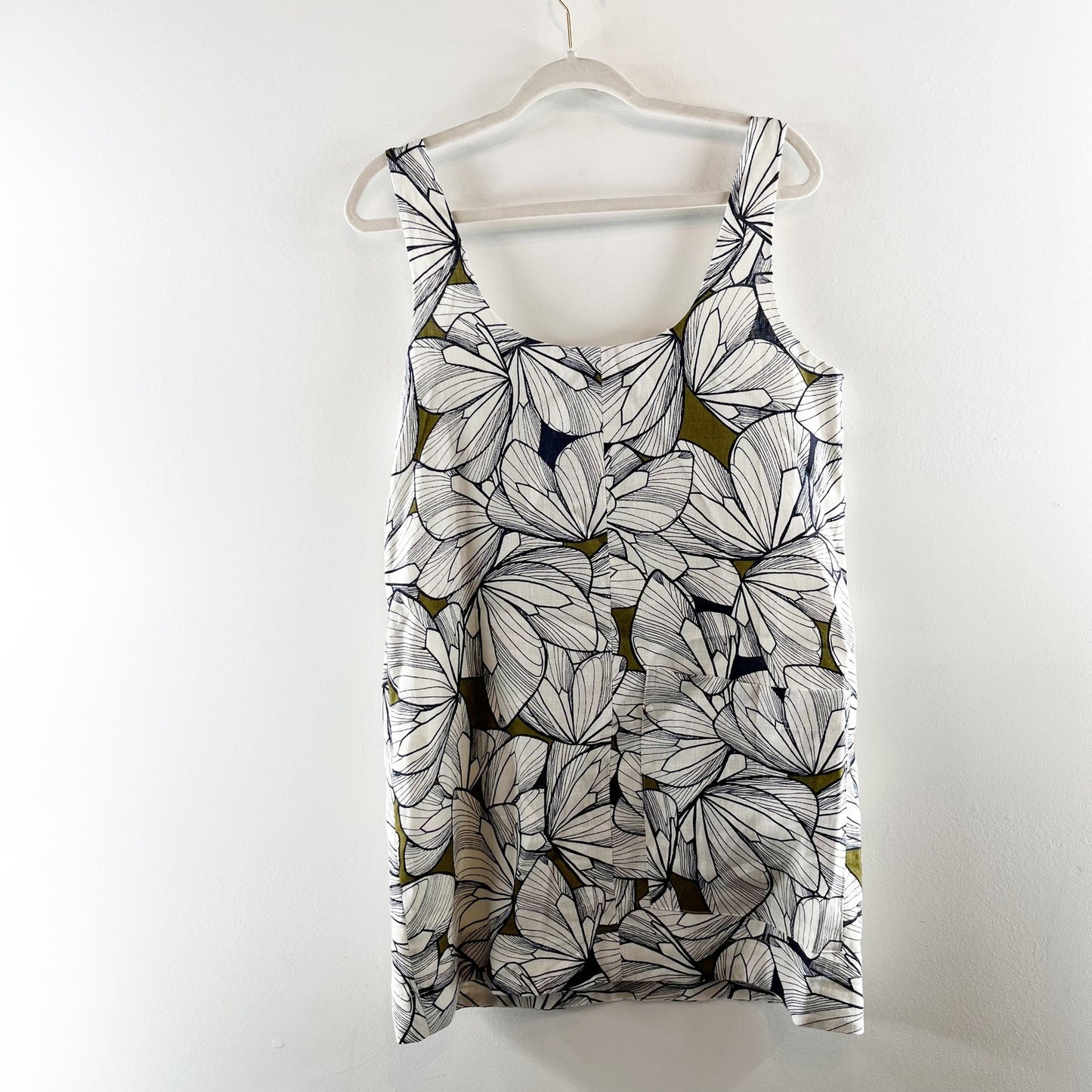 Banana Republic Linen Floral Print Scoop-Neck Mini Shift Dress White Small