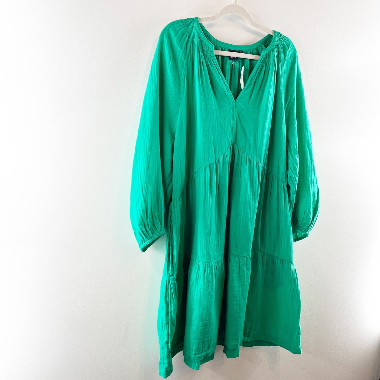 GAP Long Sleeve Crinkle Tiered V Neck Gauzy Cotton Mini Dress Simply Green XL T