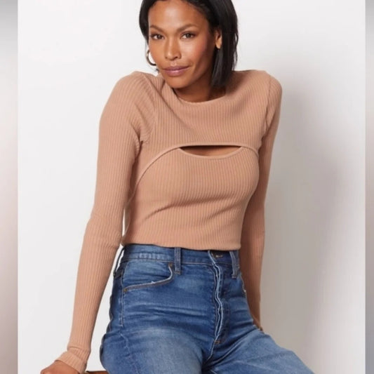 AGOLDE Lyza Cutout Ribbed Long Sleeve Top Tan Beige XS