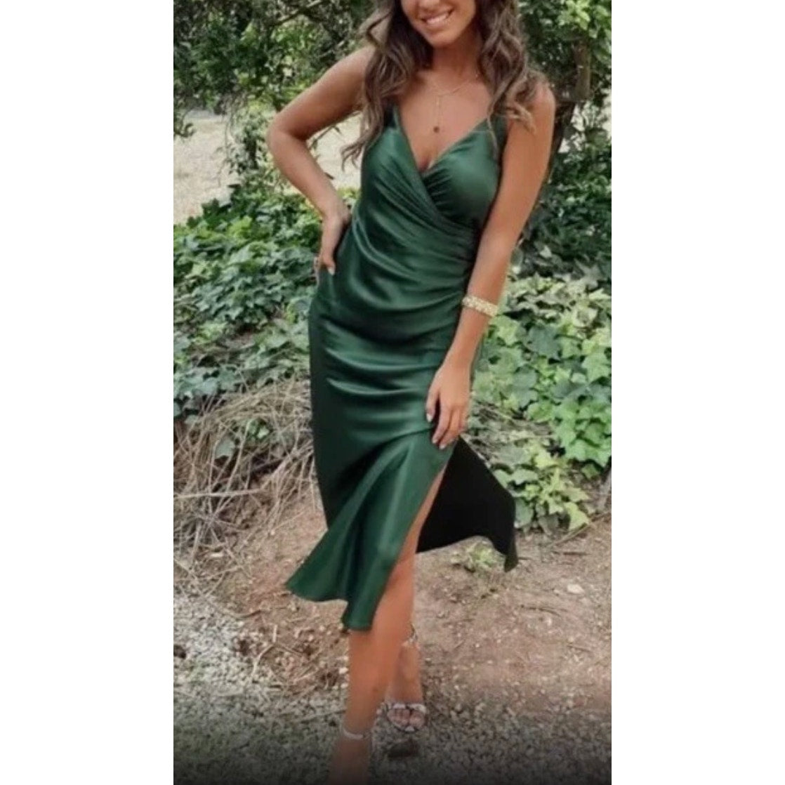 ZARA Satin Wrap Front V Neck Midi Slip Dress with Slit Green Small